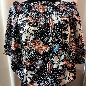 Ann Taylor off shoulder top with brown, cream, black and turquoise print